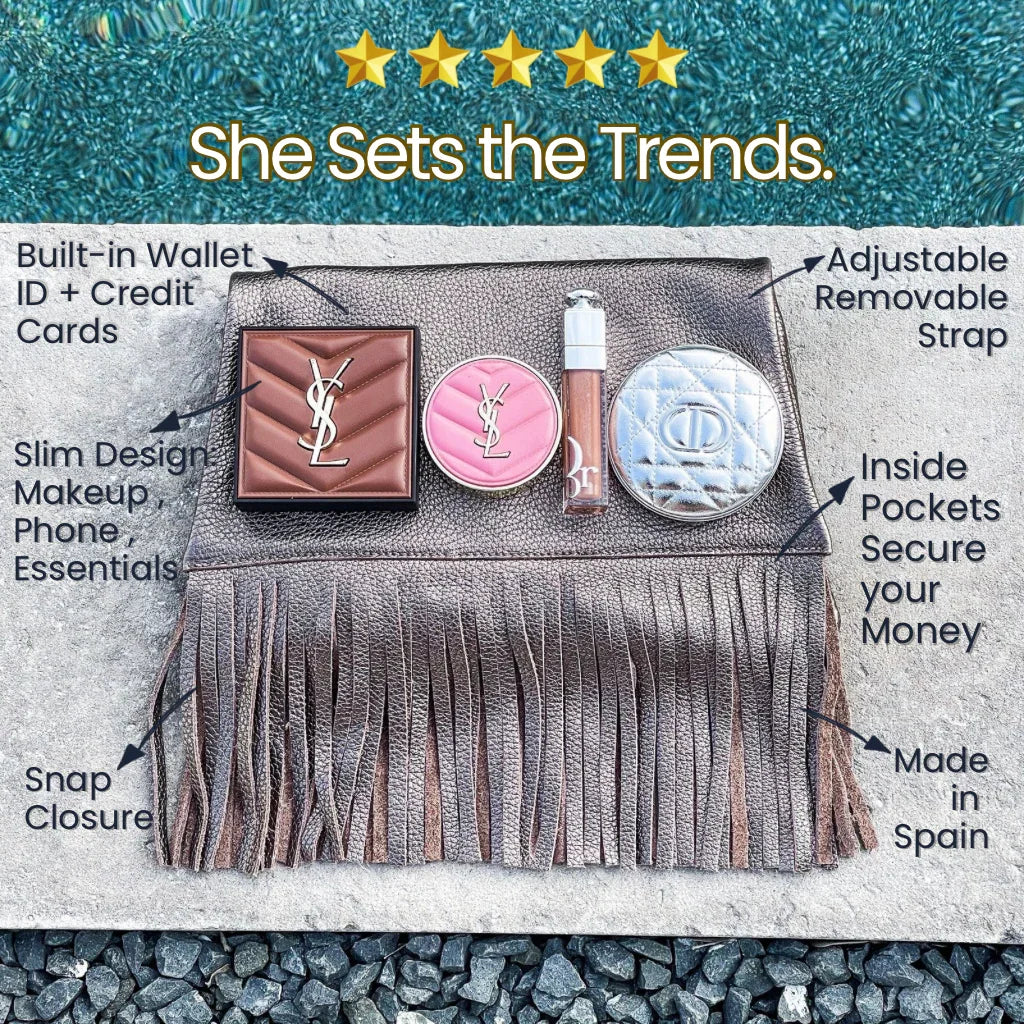 Nicole - Fringe Grain Leather Clutch Bag - Bronze