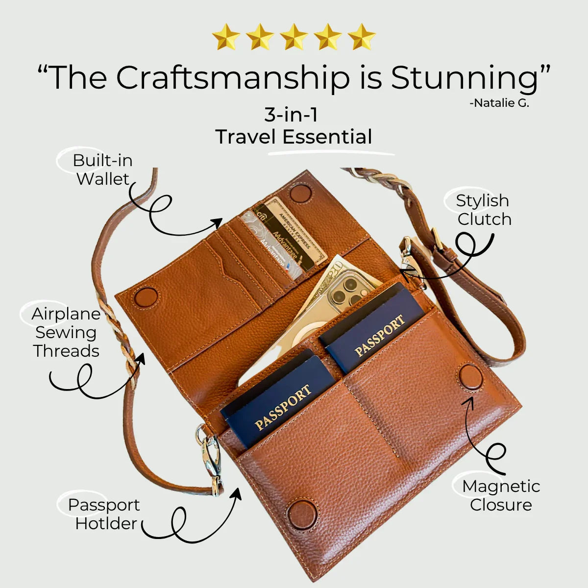 TriVersa Luxe - Passport Leather Trio: Passport Holder, Wallet, & Crossbody Clutch - Brown