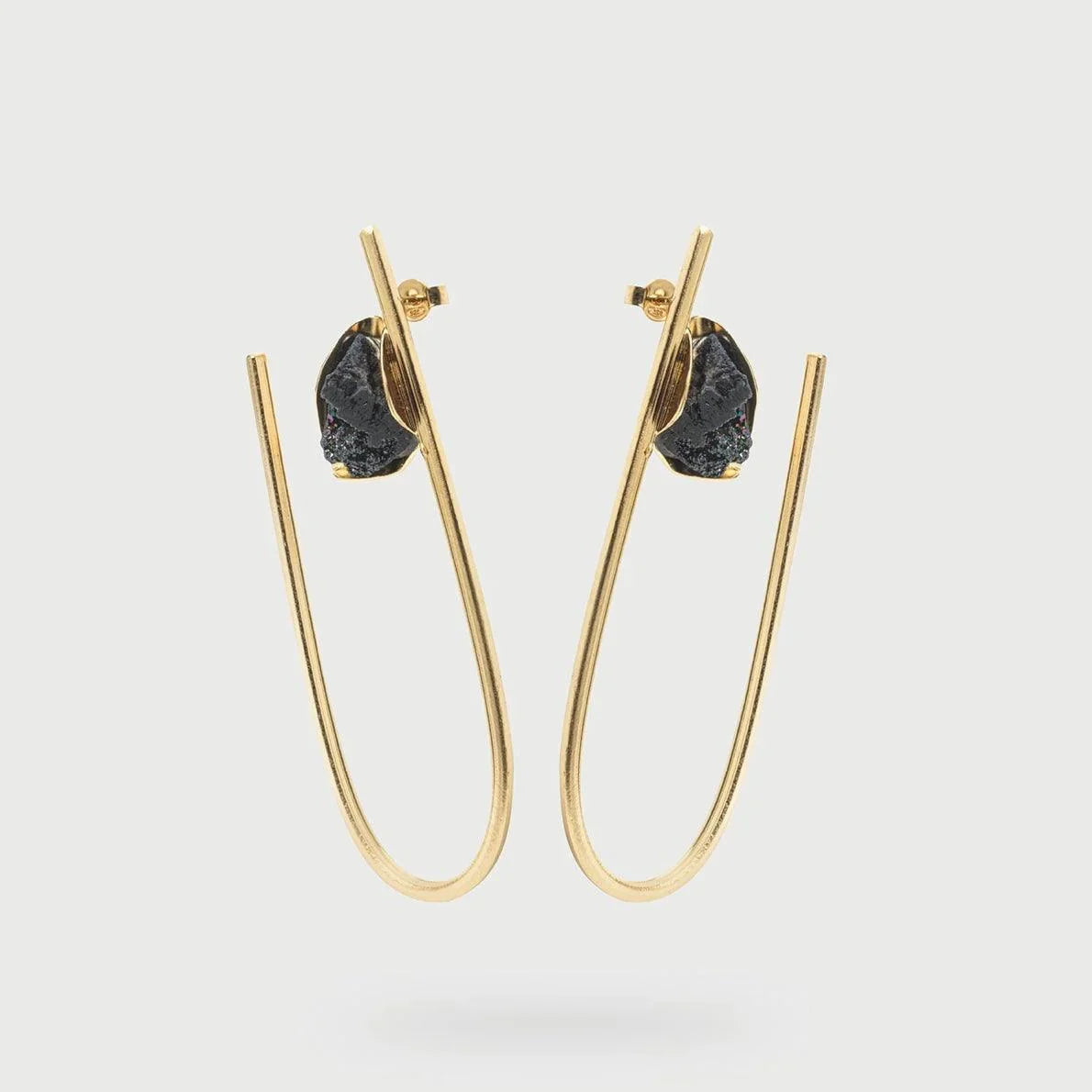 Gold Earrings with Black Agate Stone