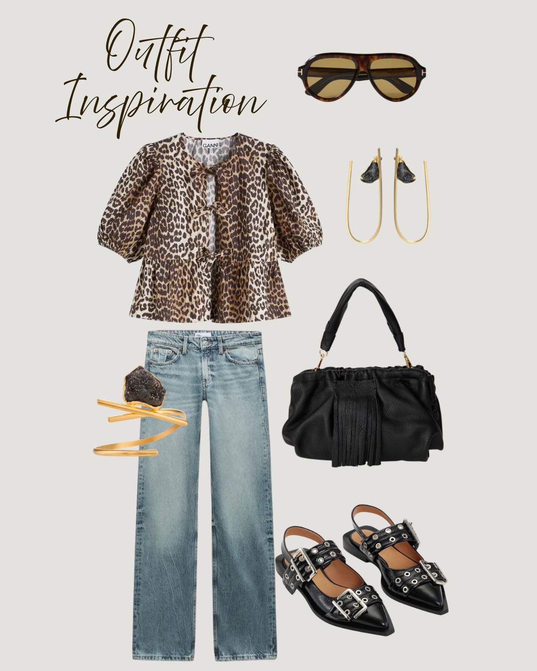 Leopard print top, jeans, black Natalia - Full Grain Leather Clutch handbag, black shoes, sunglasses, and earrings on a light gray background.