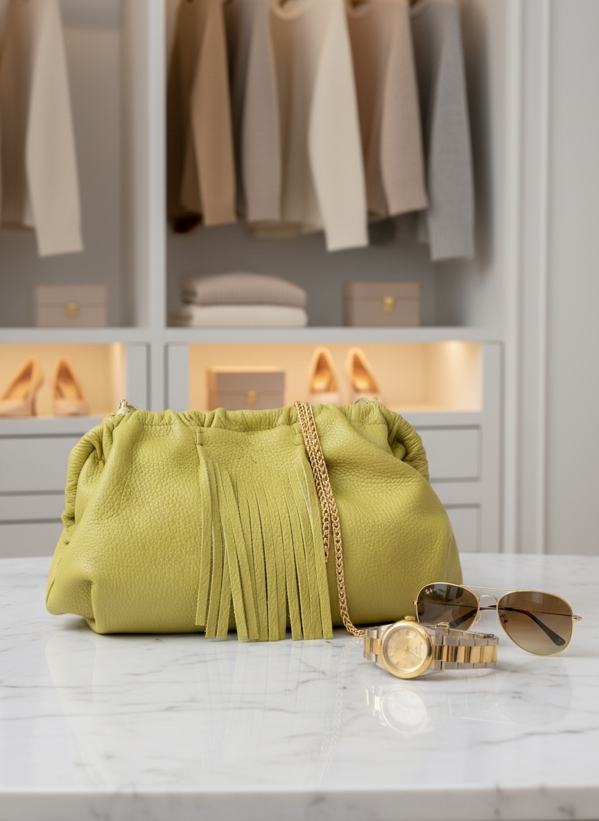 Natalia - Full Grain Leather Clutch Bag - Vinaigrette with fringes and sunglasses on a marble surface, with clothes in the background.