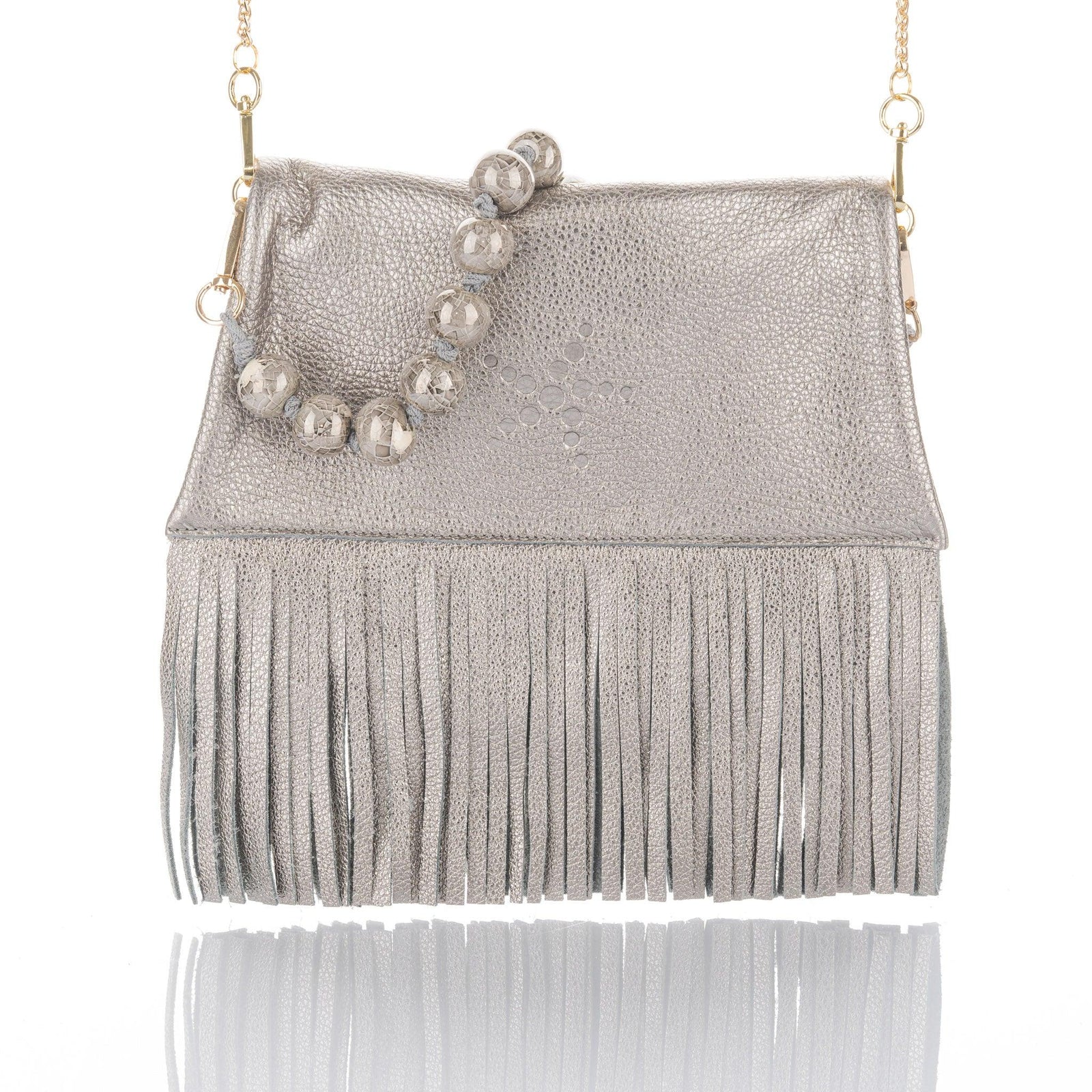 Nicole - Fringe Grain Leather Clutch Bag - Titanium