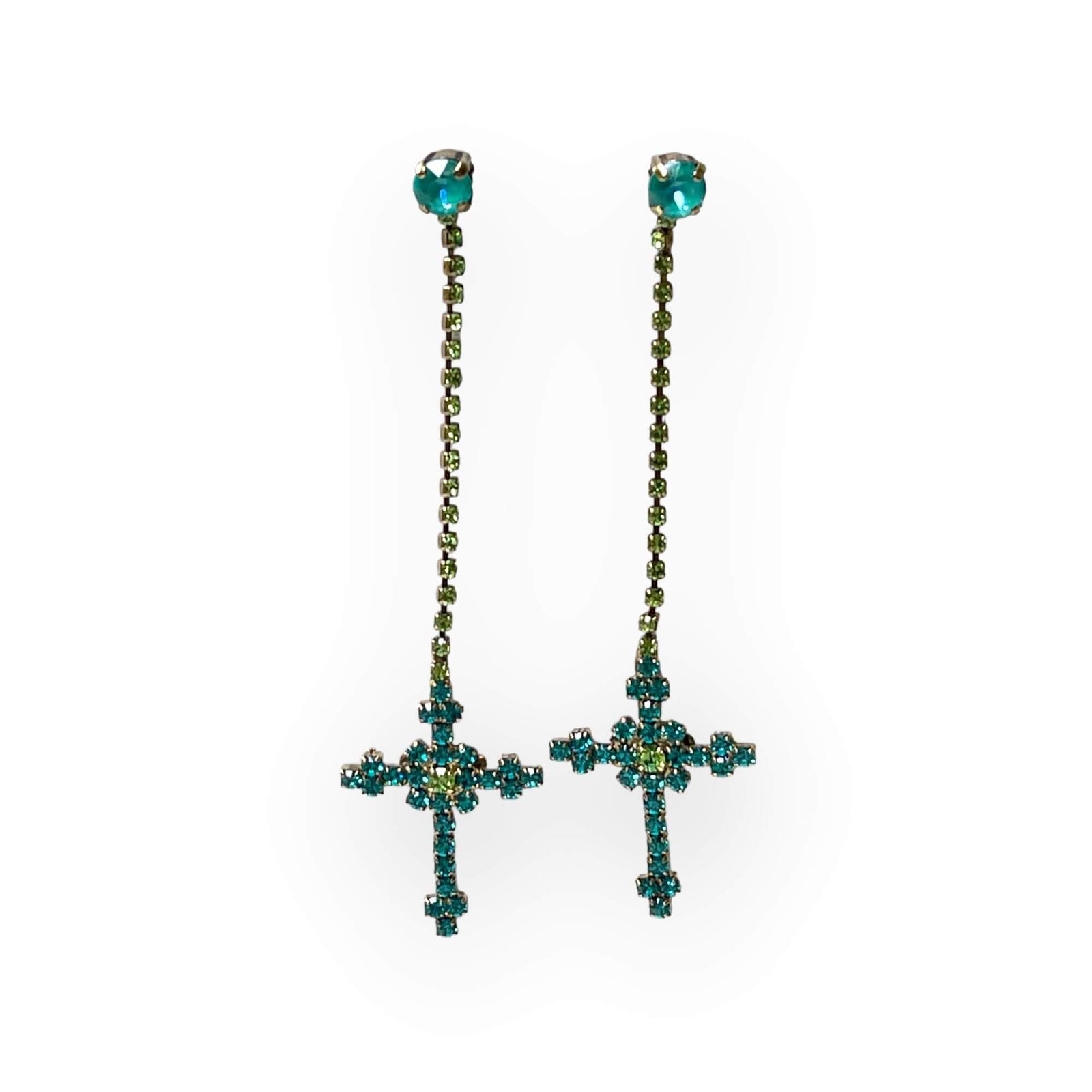 Cross Drop Earrings in Teal Crystals - Vita Isola