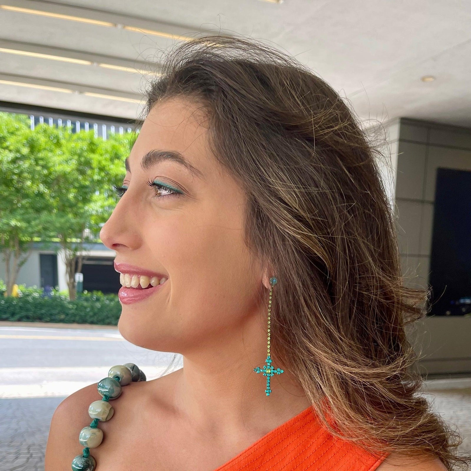 Cross Drop Earrings in Teal Crystals - Vita Isola