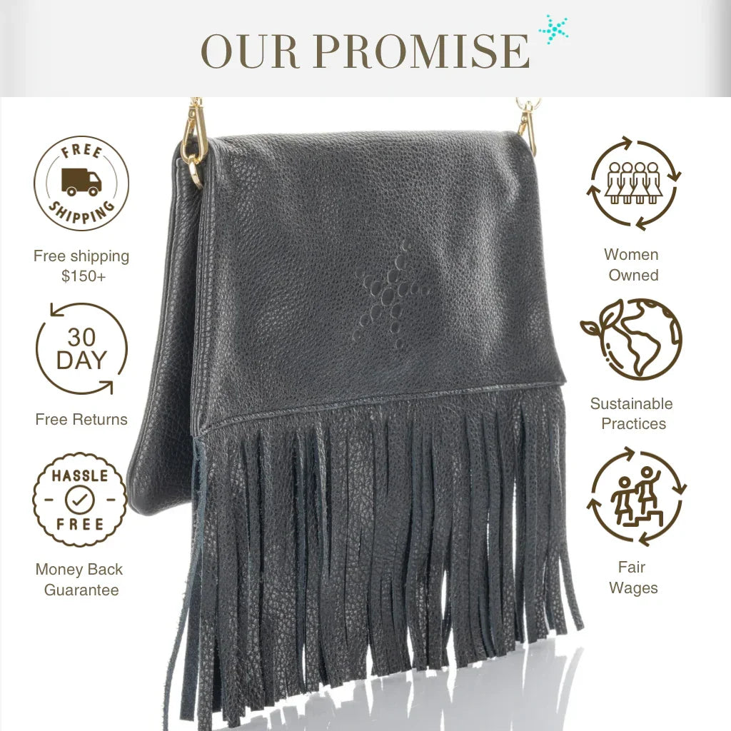 Nicole - Fringe Grain Leather Clutch Bag - Black