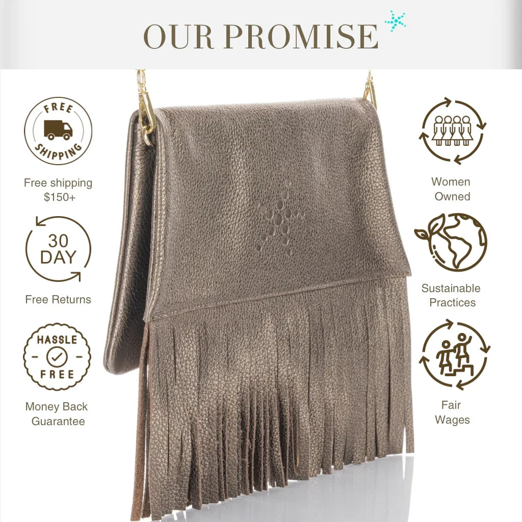 Nicole - Fringe Grain Leather Clutch Bag - Bronze