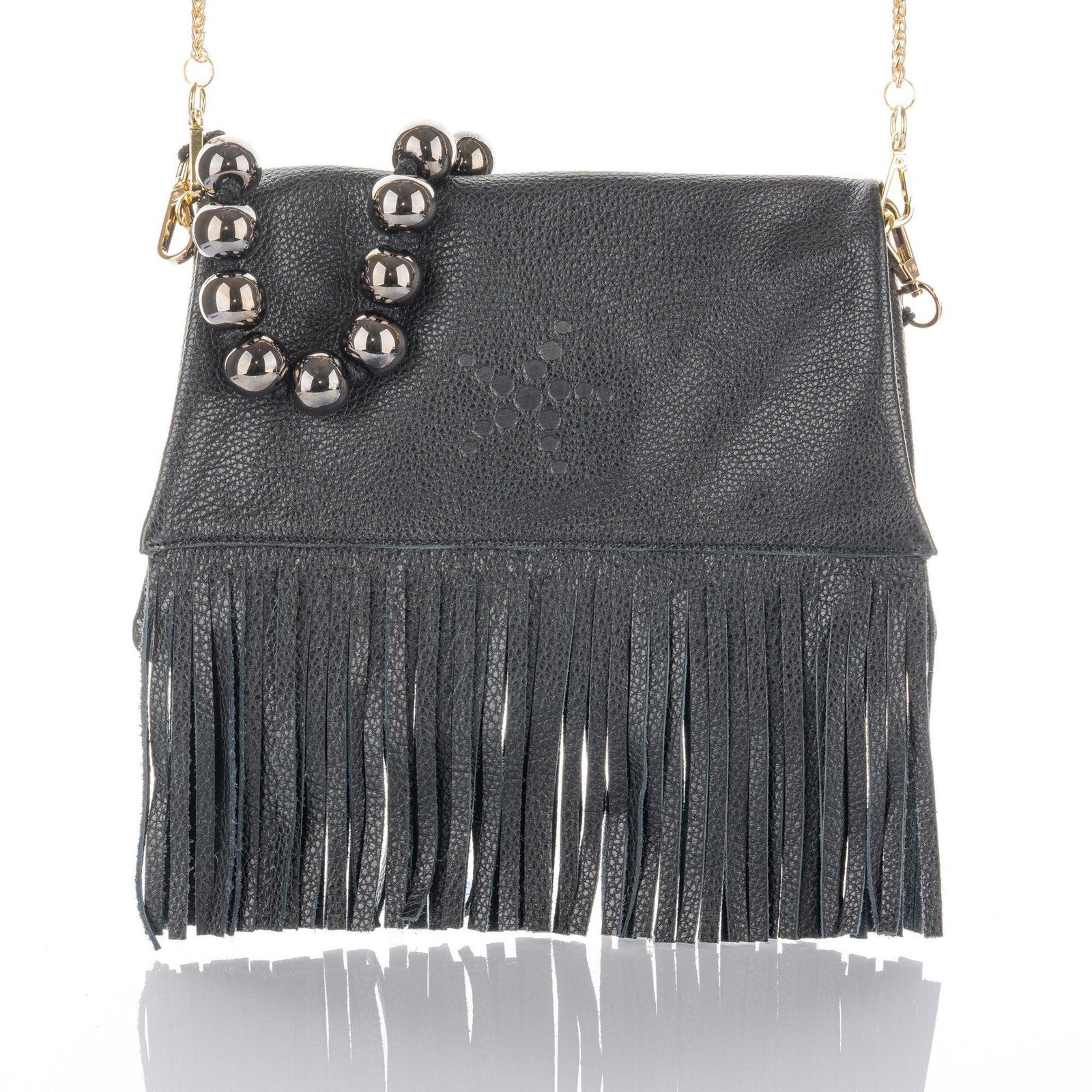 Nicole Fringe Grain Leather Clutch Bag Black - Vita Isola