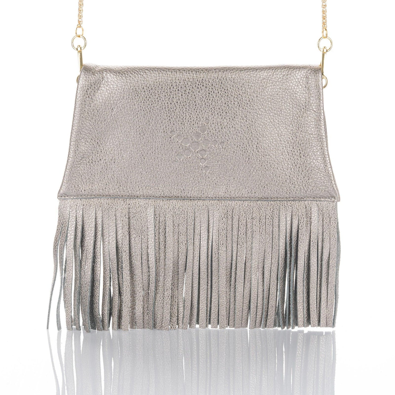Nicole Fringe Grain Leather Clutch Bag Titanium - Vita Isola