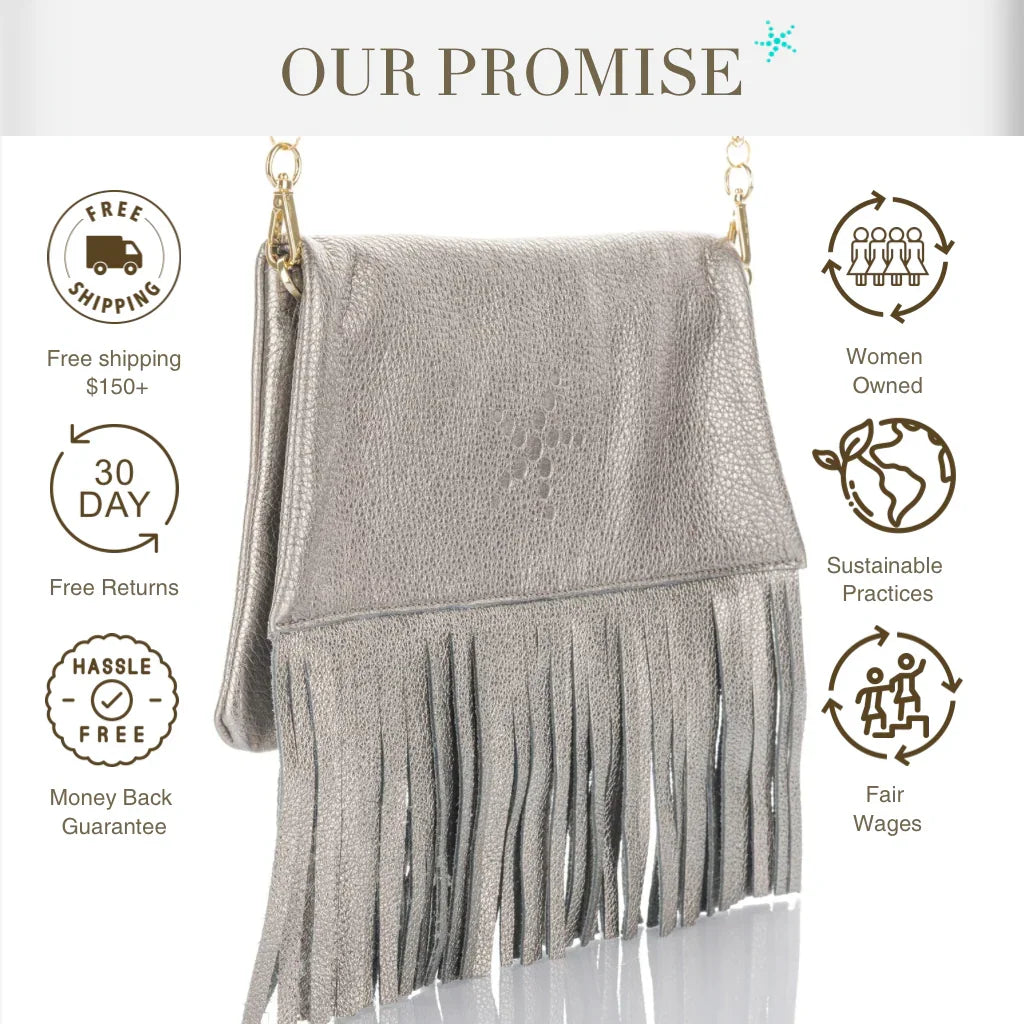 Nicole - Fringe Grain Leather Clutch Bag - Titanium