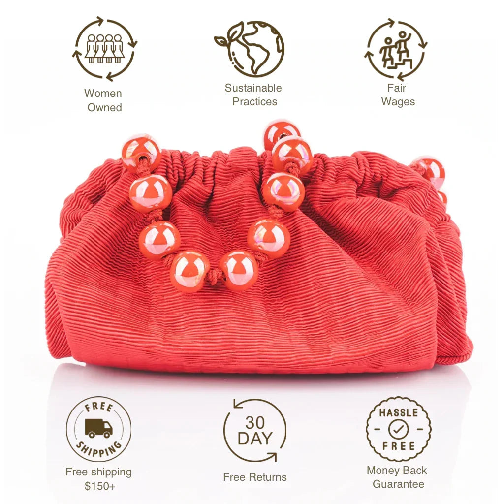 Red clutch bag with for weddings, graduations, or night outs on a white background, featuring icons and text about business practices and product features.