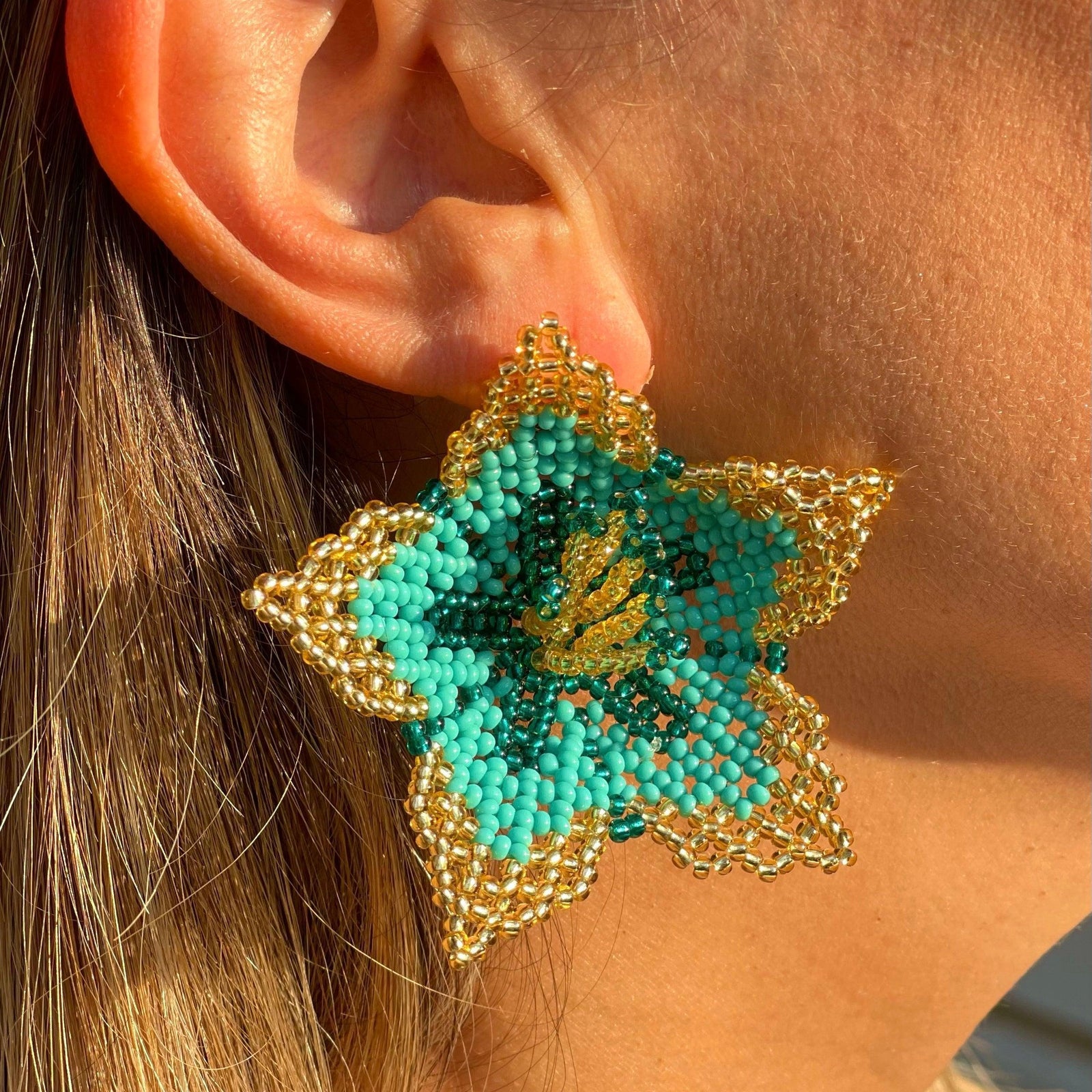 Gold Teal Amaryllis Flower Earrings - Vita Isola