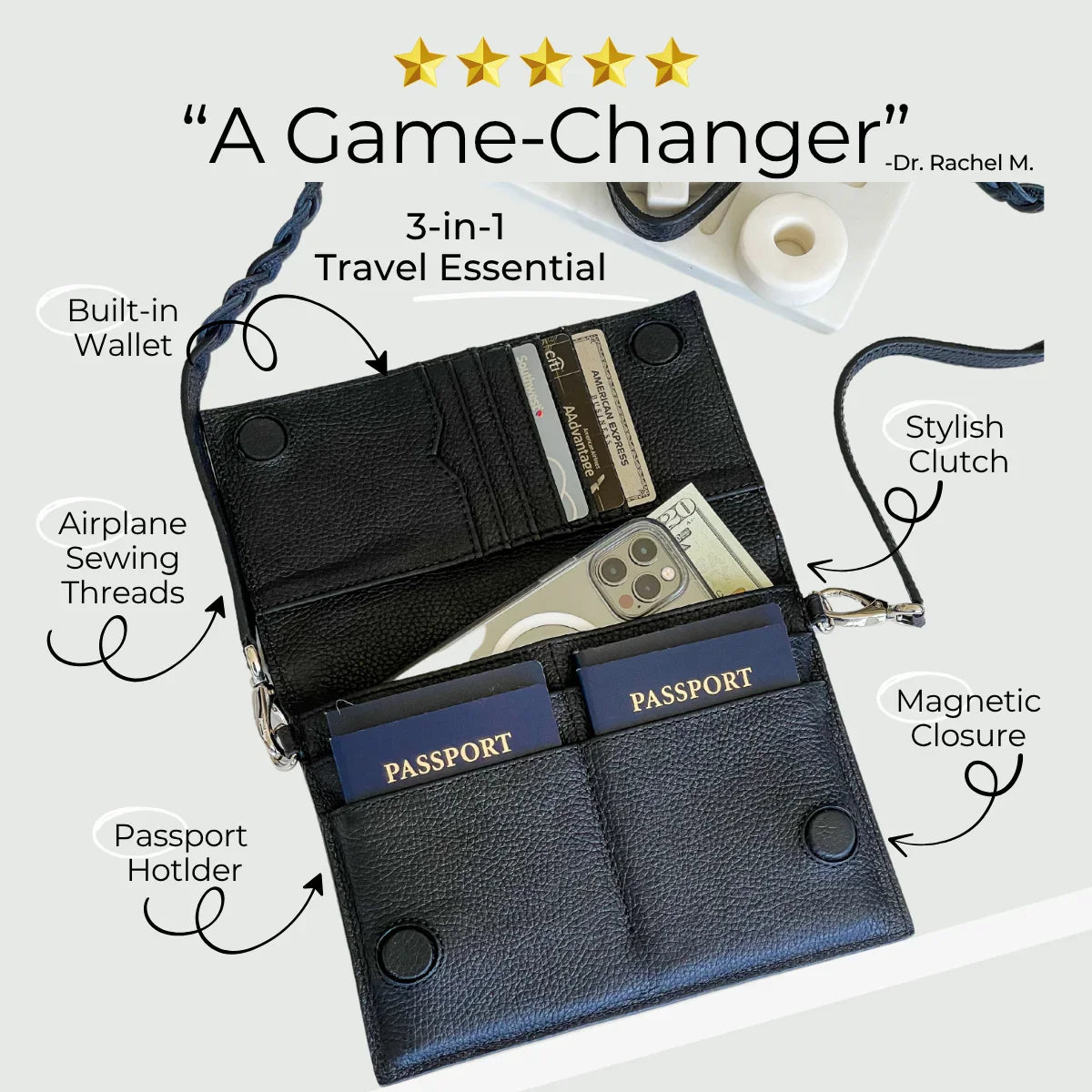 TriVersa Luxe - Passport Leather Trio: Passport Holder, Wallet, & Crossbody Clutch - Black