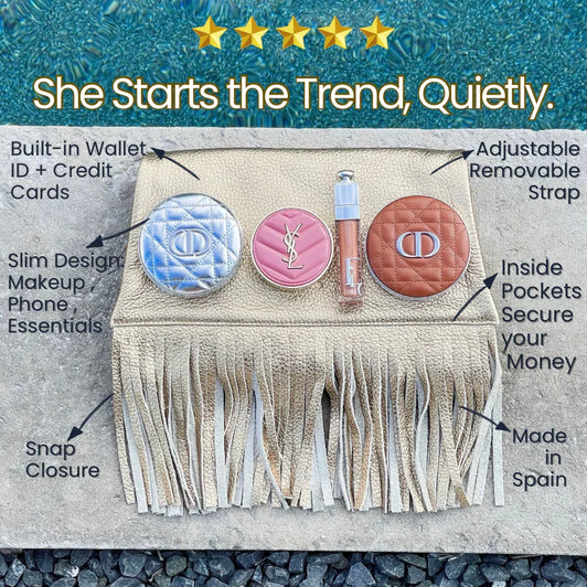 Gold fringe bag with cosmetic items and features text on a textured surface.