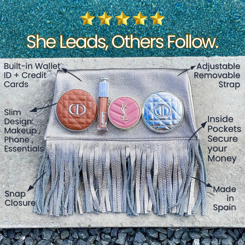 Nicole - Fringe Grain Leather Clutch Bag - Titanium