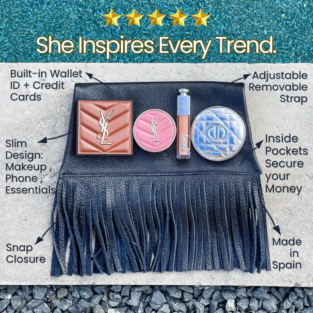 Nicole - Fringe Grain Leather Clutch Bag - Black