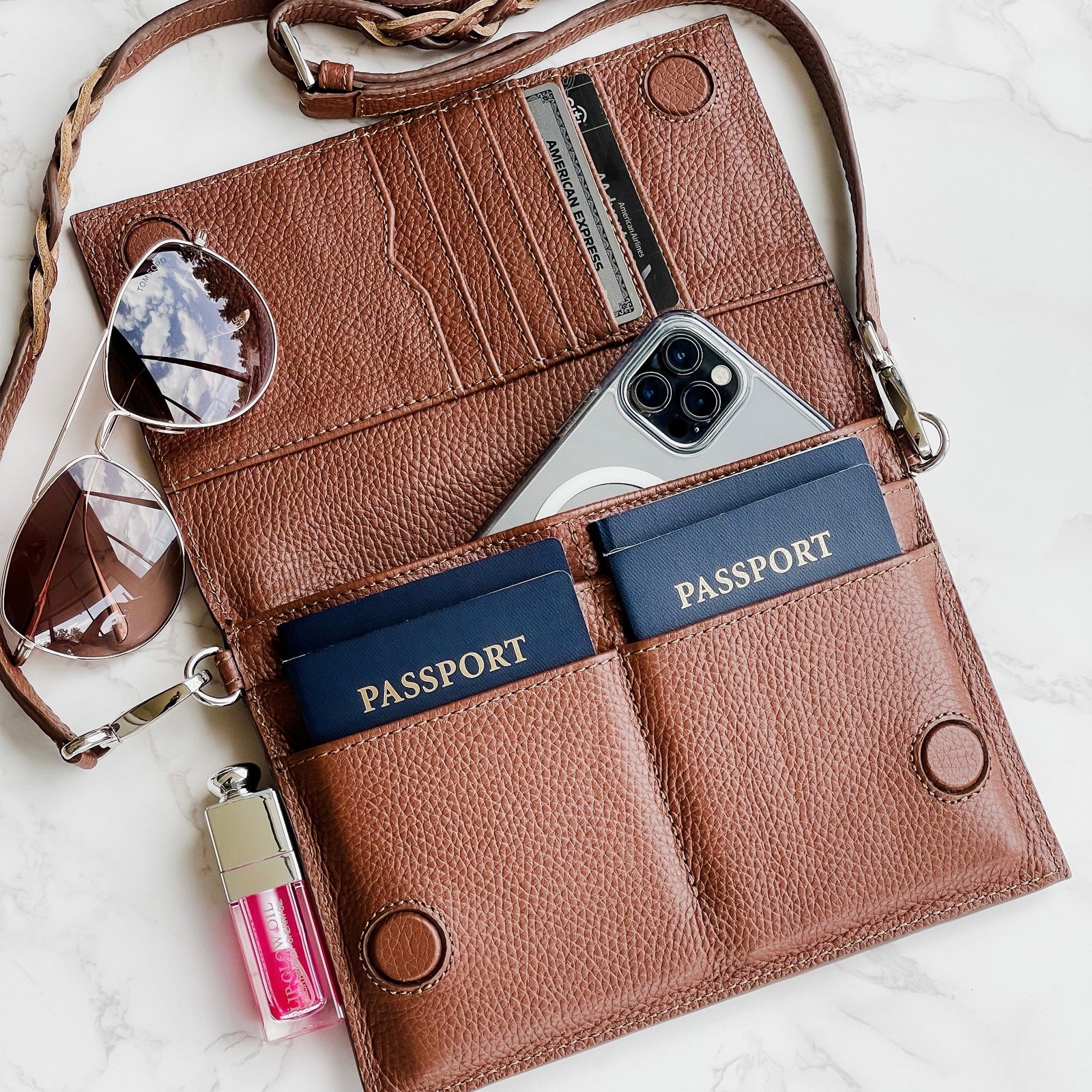 TriVersa Luxe - Passport Leather Trio: Passport Holder, Wallet, & Crossbody Clutch - Brown