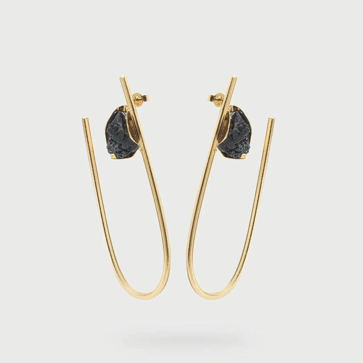 Gold Earrings with Black Agate Stone