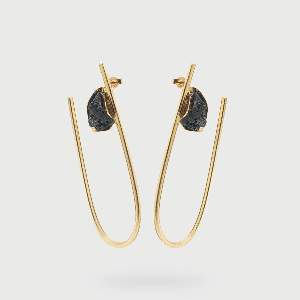 Gold Earrings with Black Agate Stone