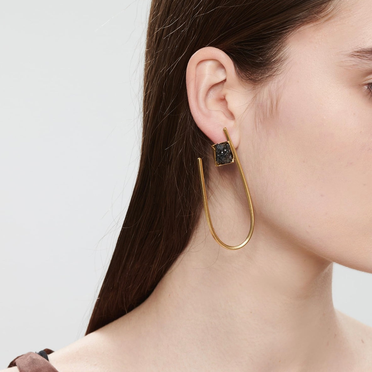Gold Earrings with Black Agate Stone