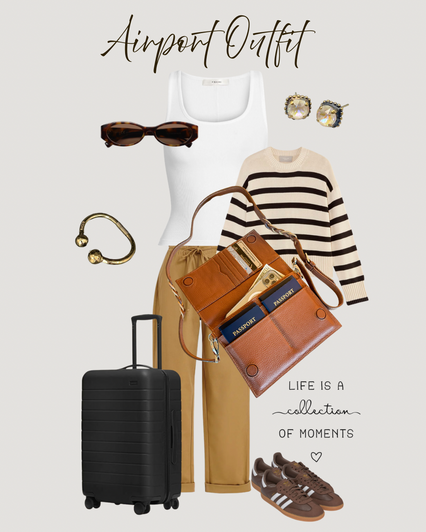 Airport outfit with striped sweater, pants, suitcase, TriVersa Luxe - Passport Leather Trio, and accessories on a white background.