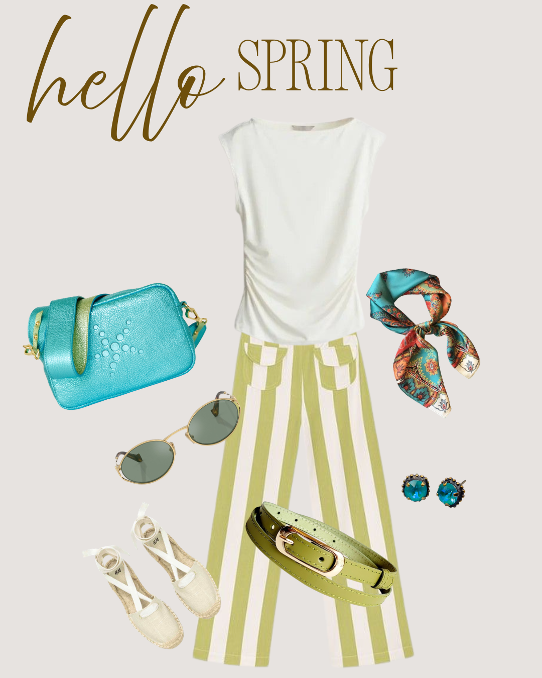 Spring outfit with a white top, green skirt, blue metallic Gabriela handbag, sunglasses, and accessories on a light background.