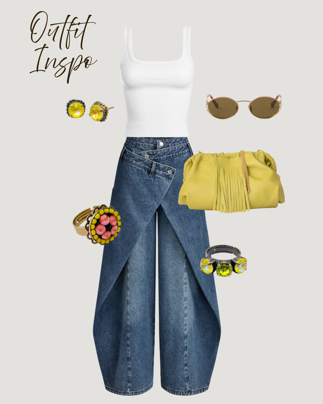 Fashion outfit with white top, blue jeans, yNatalia - Full Grain Leather Clutch Bag - Vinaigrette, and accessories on a light gray background.