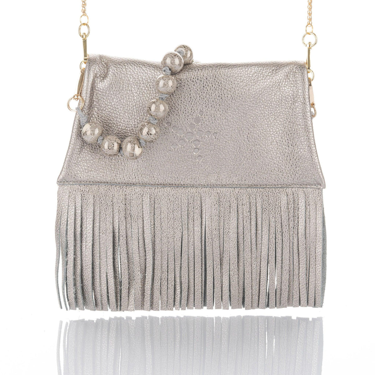 Nicole - Fringe Grain Leather Clutch Bag - Titanium