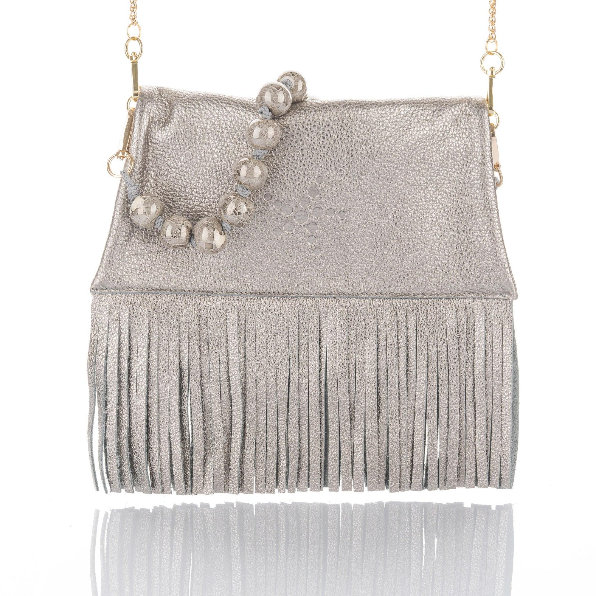 Nicole - Fringe Grain Leather Clutch Bag - Titanium