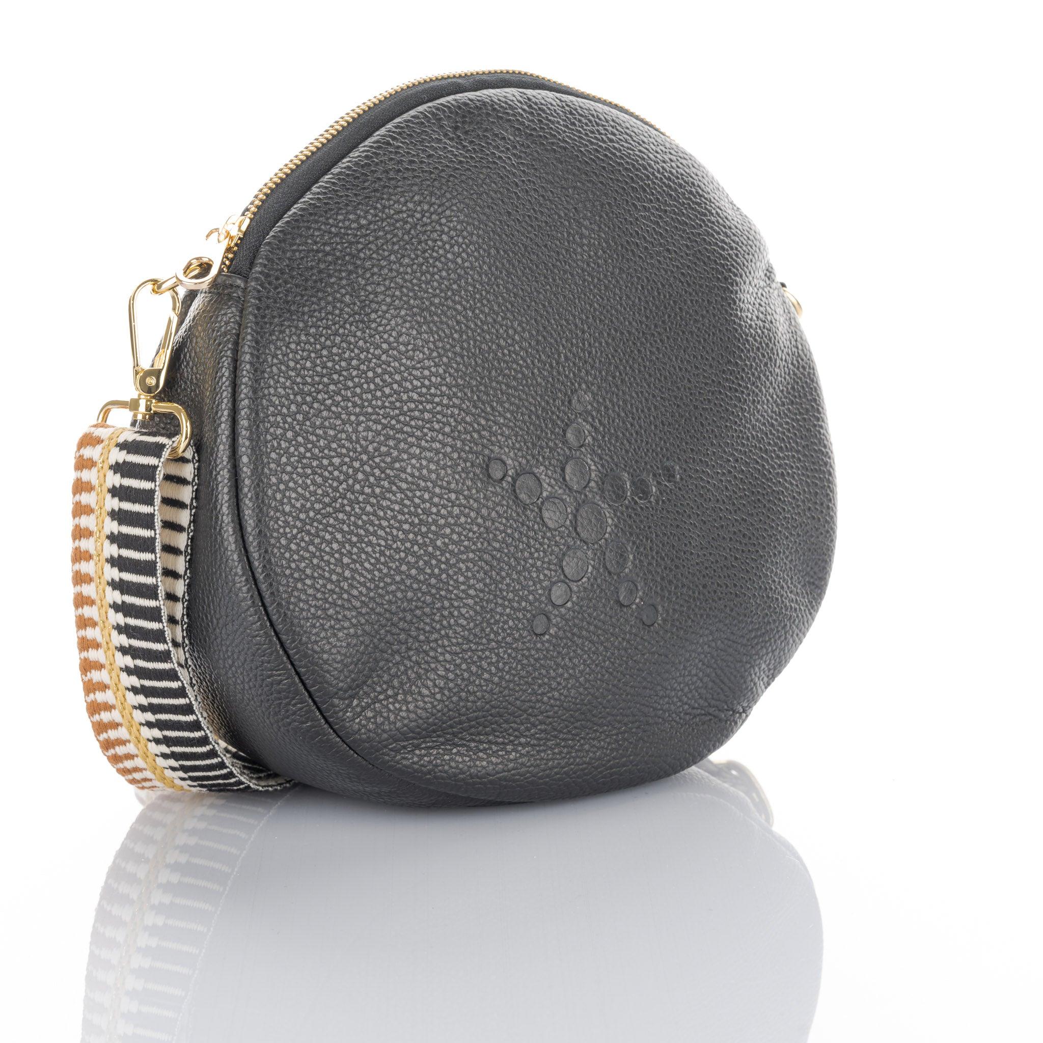 Black Grain Leather Round Crossbody Alondra Bag - Vita Isola