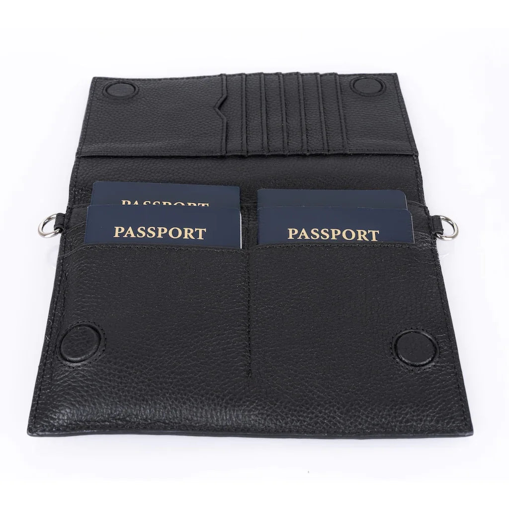 TriVersa Luxe - Passport Leather Trio: Passport Holder, Wallet, &amp; Crossbody Clutch - Black