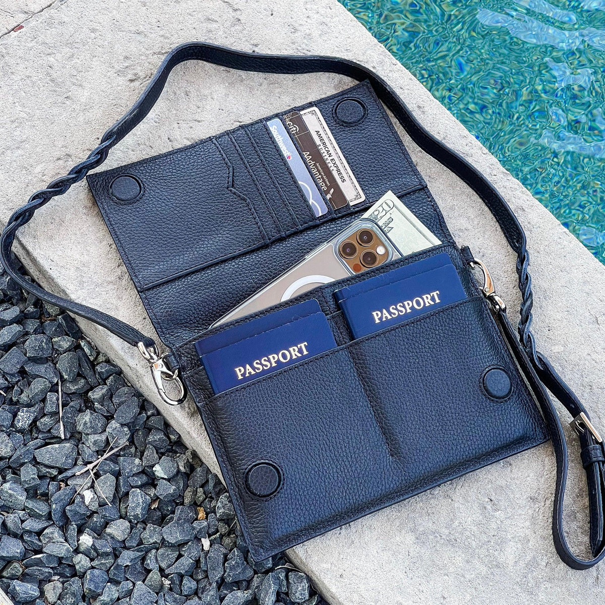 TriVersa Luxe - Passport Leather Trio: Passport Holder, Wallet, &amp; Crossbody Clutch - Black