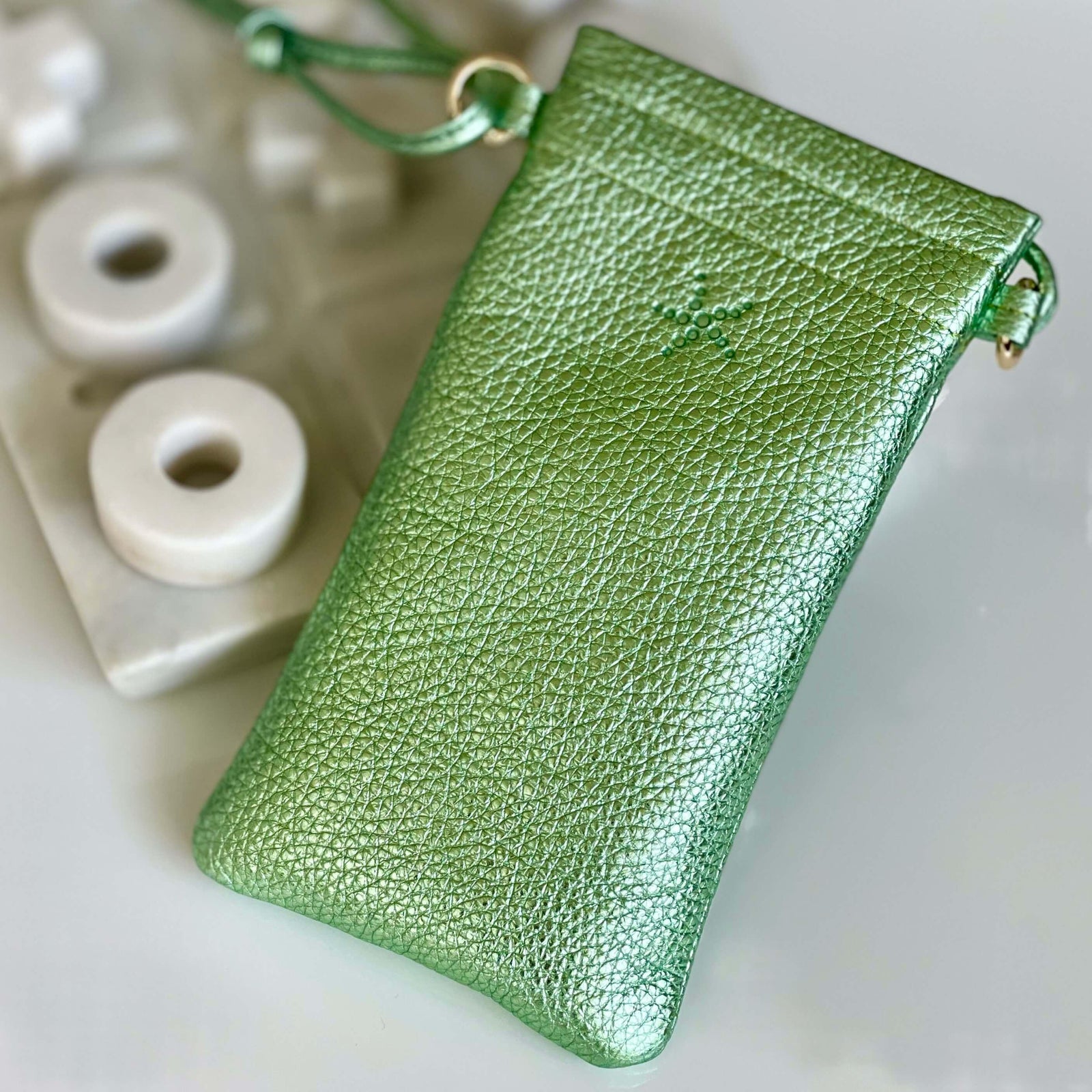 Bright Green Metallic Crossbody Leather Phone Pouch - Vita Isola