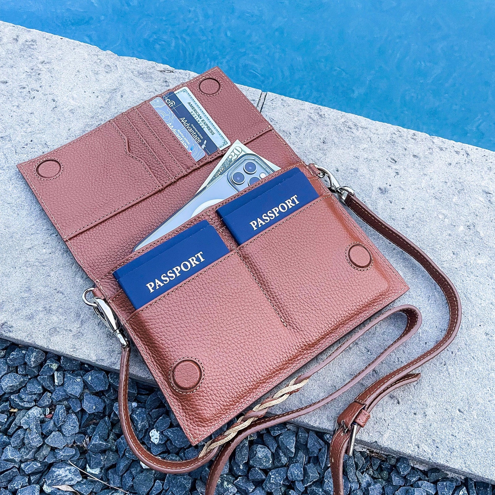 TriVersa Luxe - Passport Leather Trio: Passport Holder, Wallet, & Crossbody Clutch - Brown
