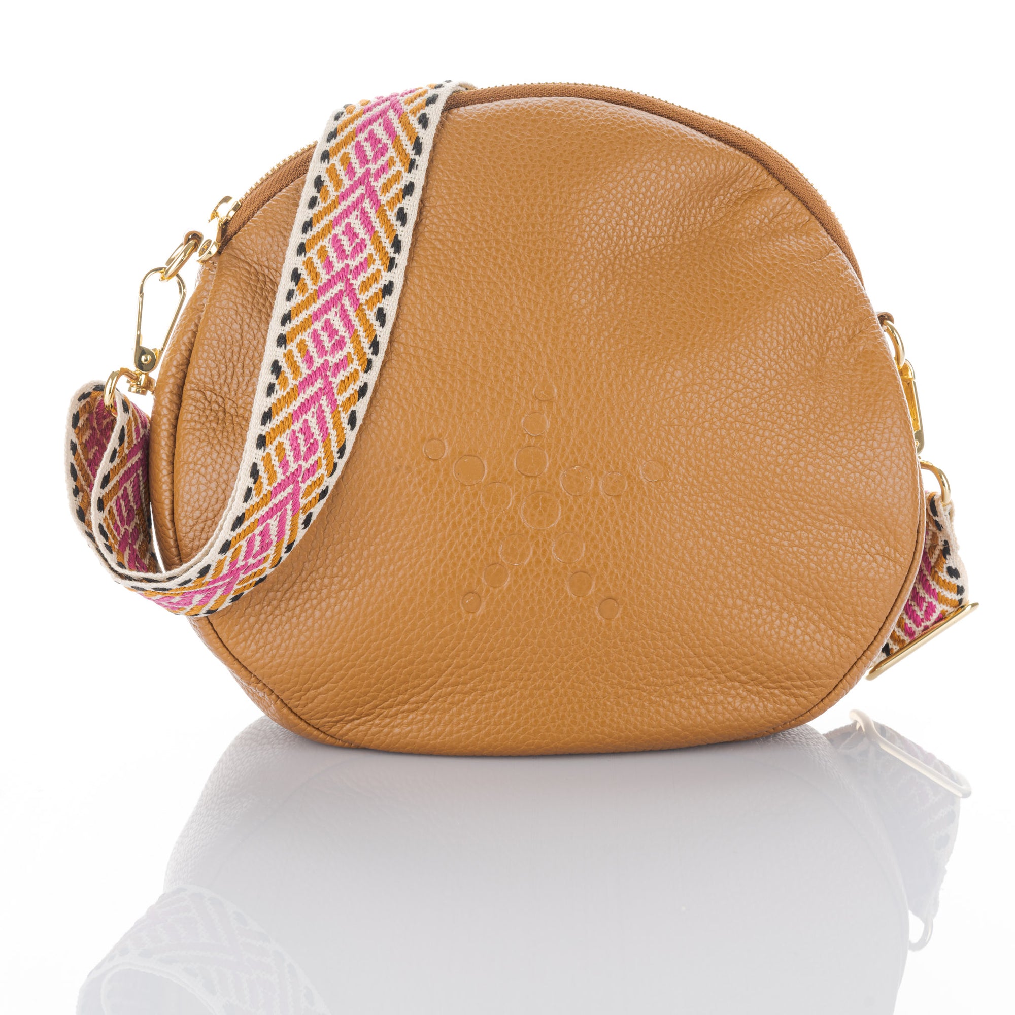 Camel Grain Leather Round Crossbody Alondra Bag