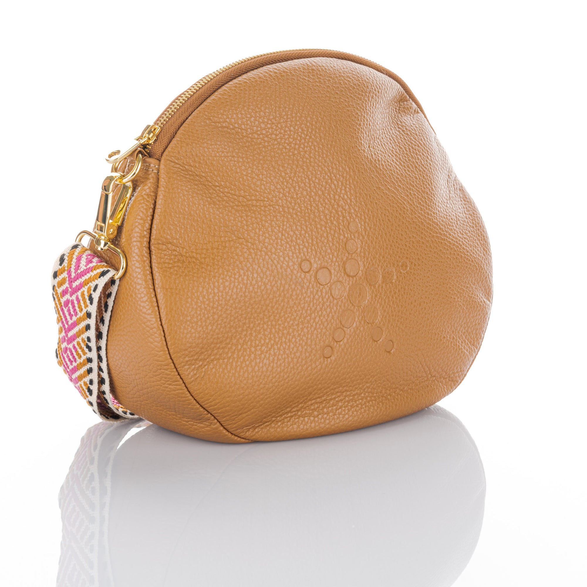 Camel Grain Leather Round Crossbody Alondra Bag