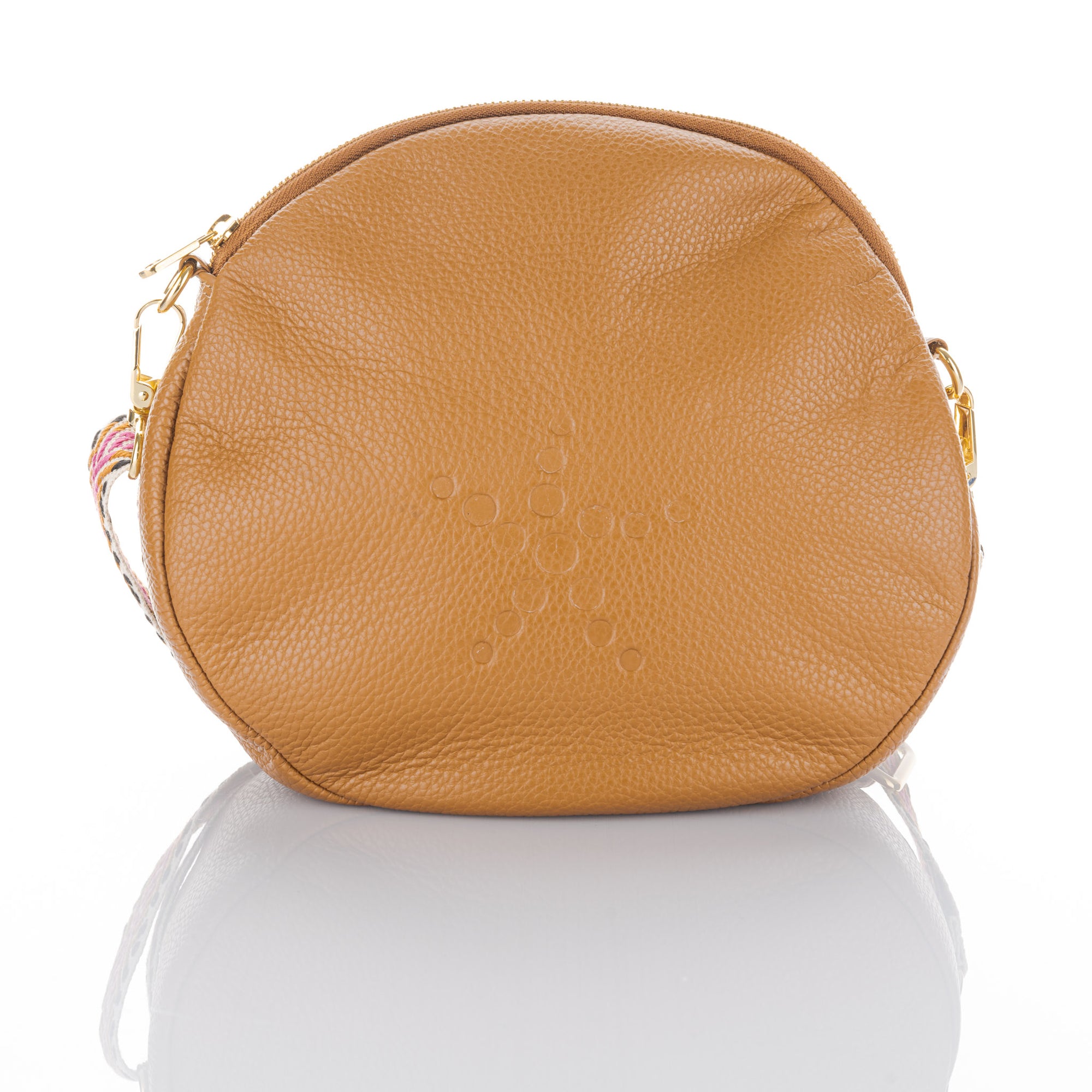 Camel Grain Leather Round Crossbody Alondra Bag