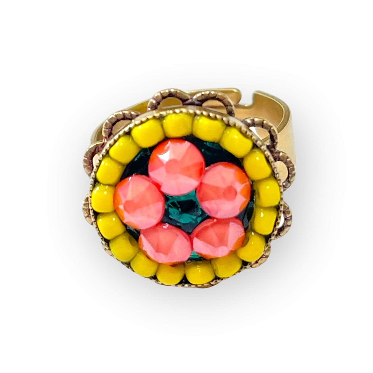 Cocktail Ring in Coral and Green Crystals and Yellow Beads - Vita Isola