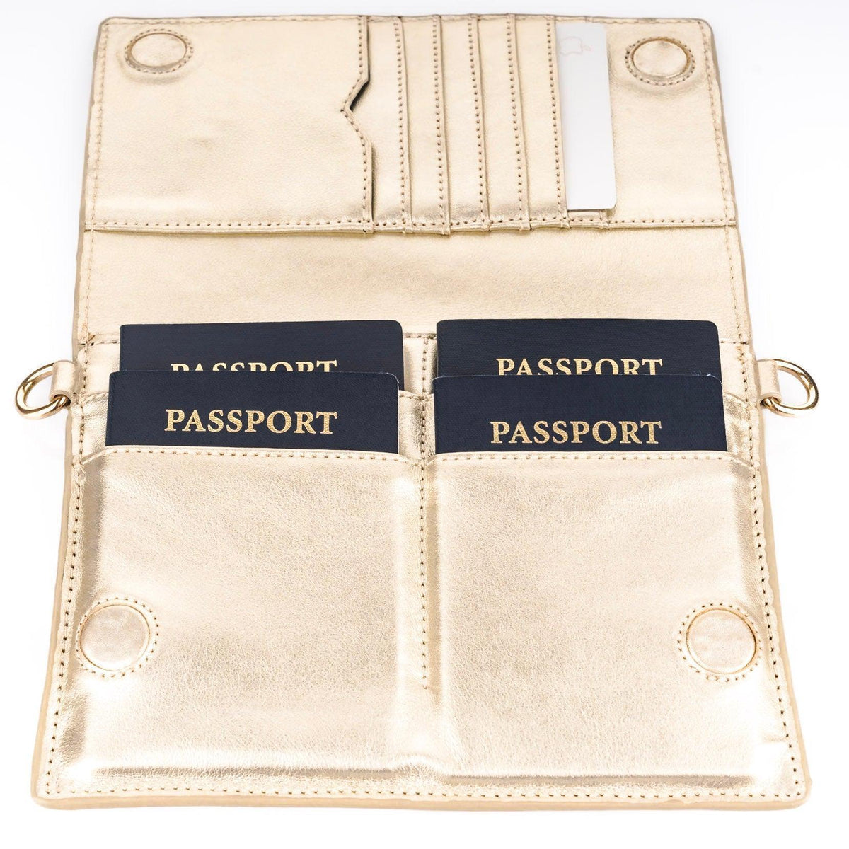 TriVersa Luxe - Passport Leather Trio: Passport Holder, Wallet, &amp; Crossbody Clutch - Gold