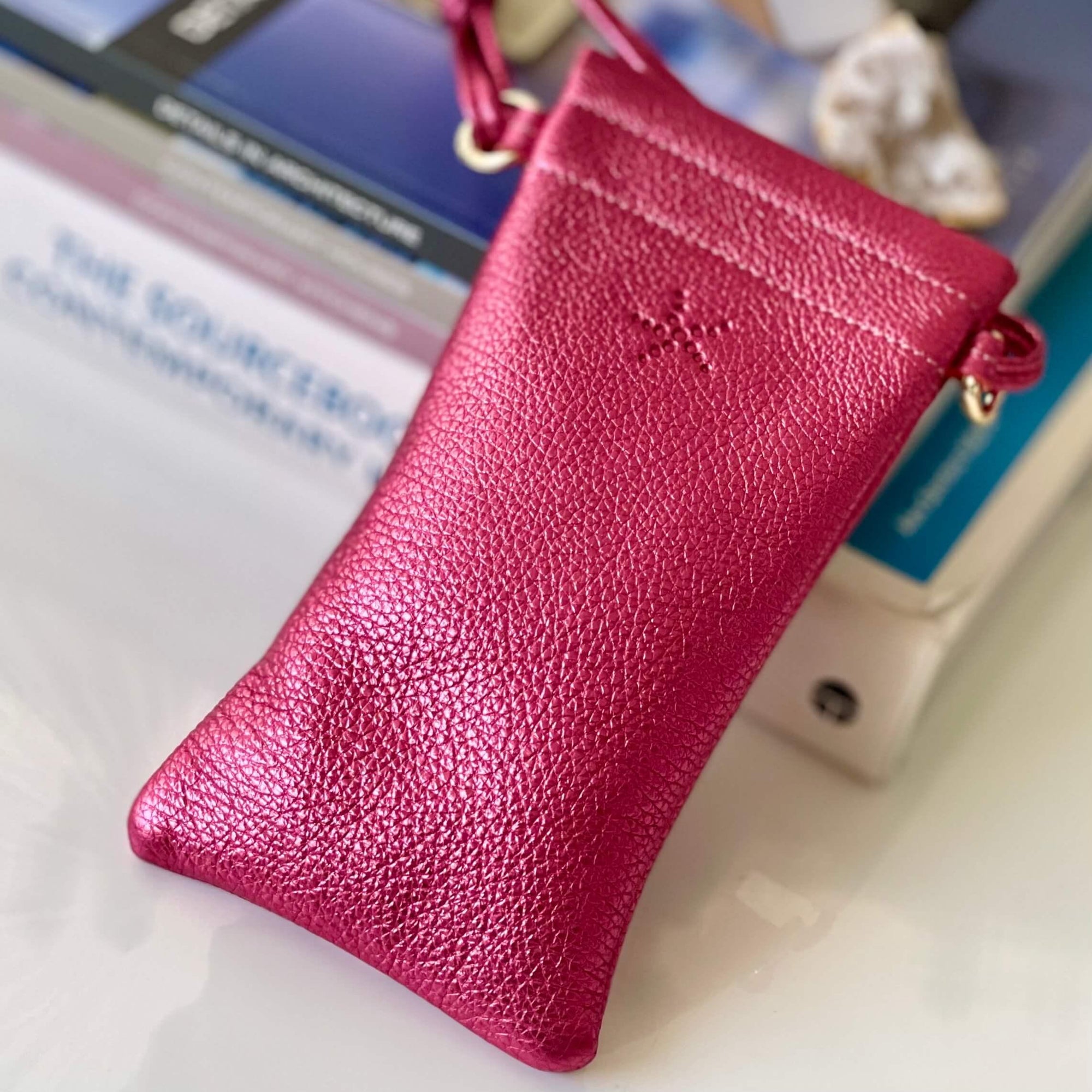 Hot Pink Metallic Crossbody Leather Phone Pouch - Vita Isola