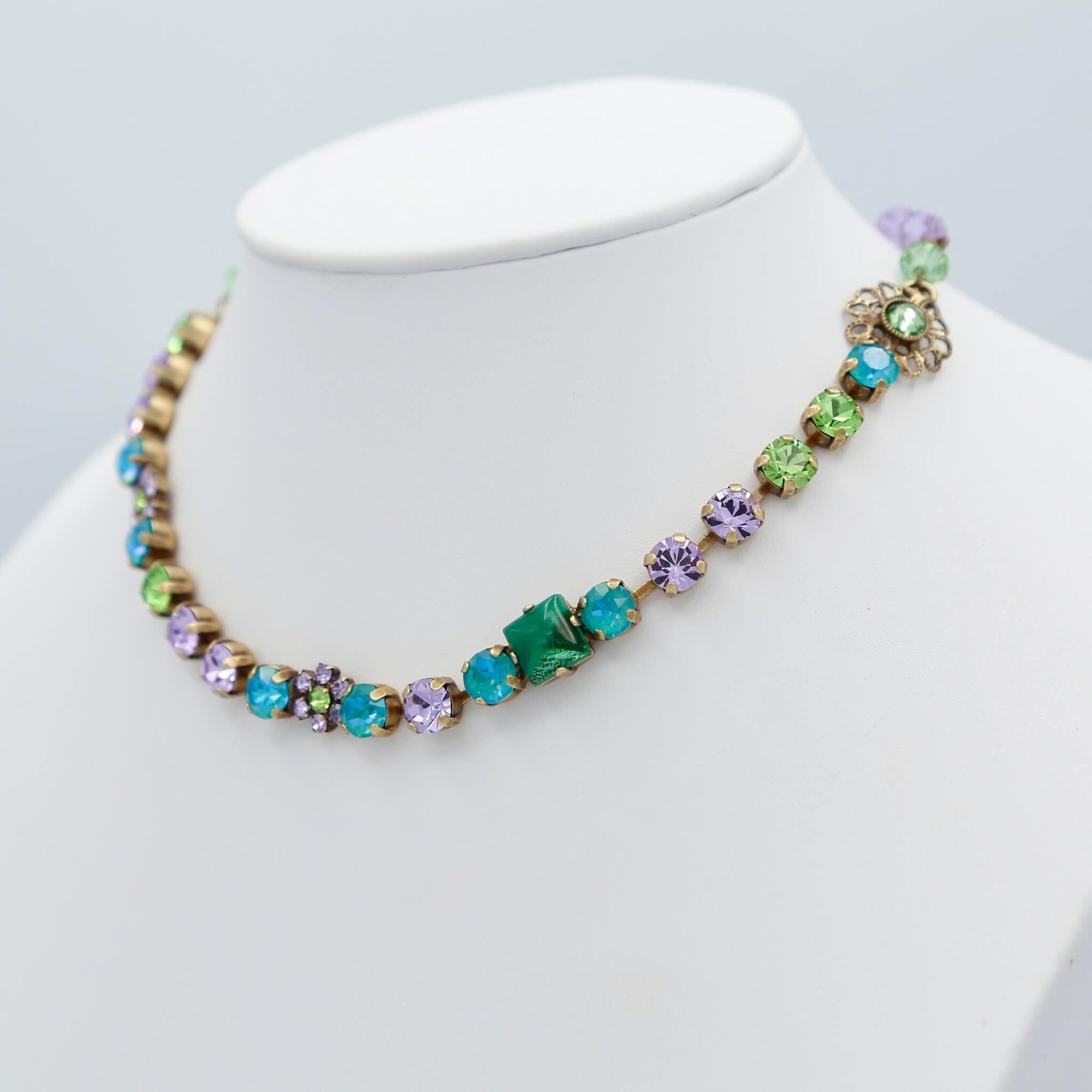 Lilac Turquoise & Lime Green Crystals Flower Choker - Vita Isola