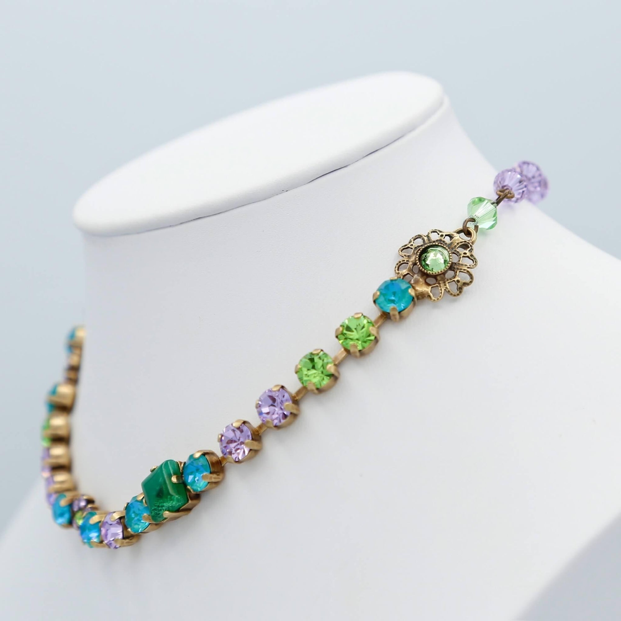 Lilac Turquoise & Lime Green Crystals Flower Choker - Vita Isola