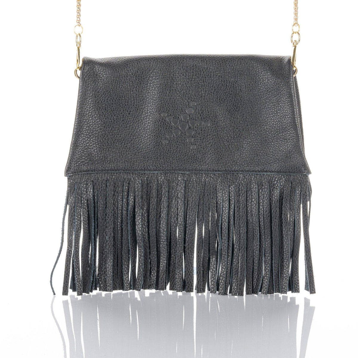 Nicole Fringe Grain Leather Clutch Bag Black - Vita Isola