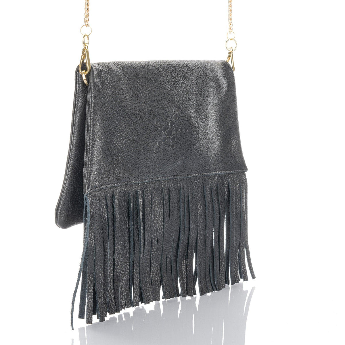 Nicole Fringe Grain Leather Clutch Bag Black - Vita Isola