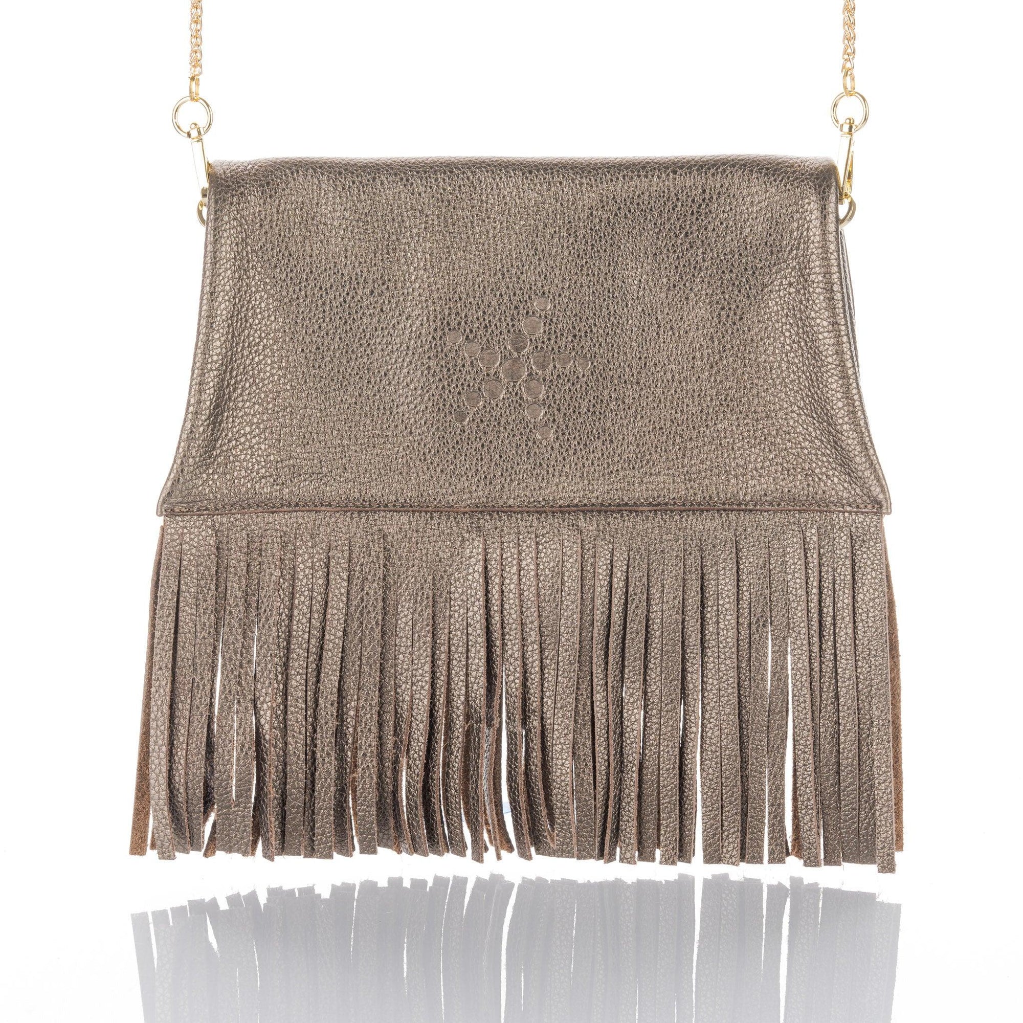 Nicole Fringe Grain Leather Clutch Bag Bronze - Vita Isola