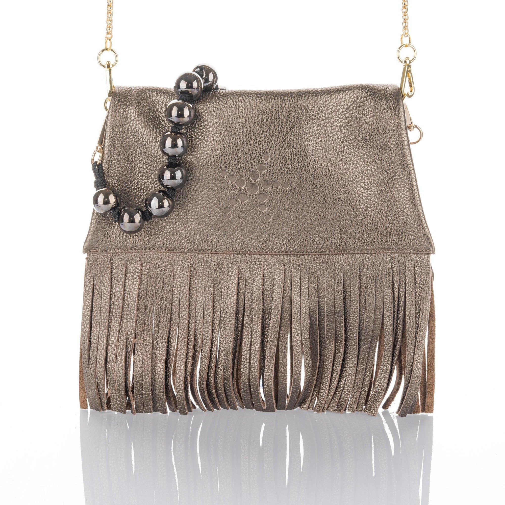 Nicole Fringe Grain Leather Clutch Bag Bronze - Vita Isola