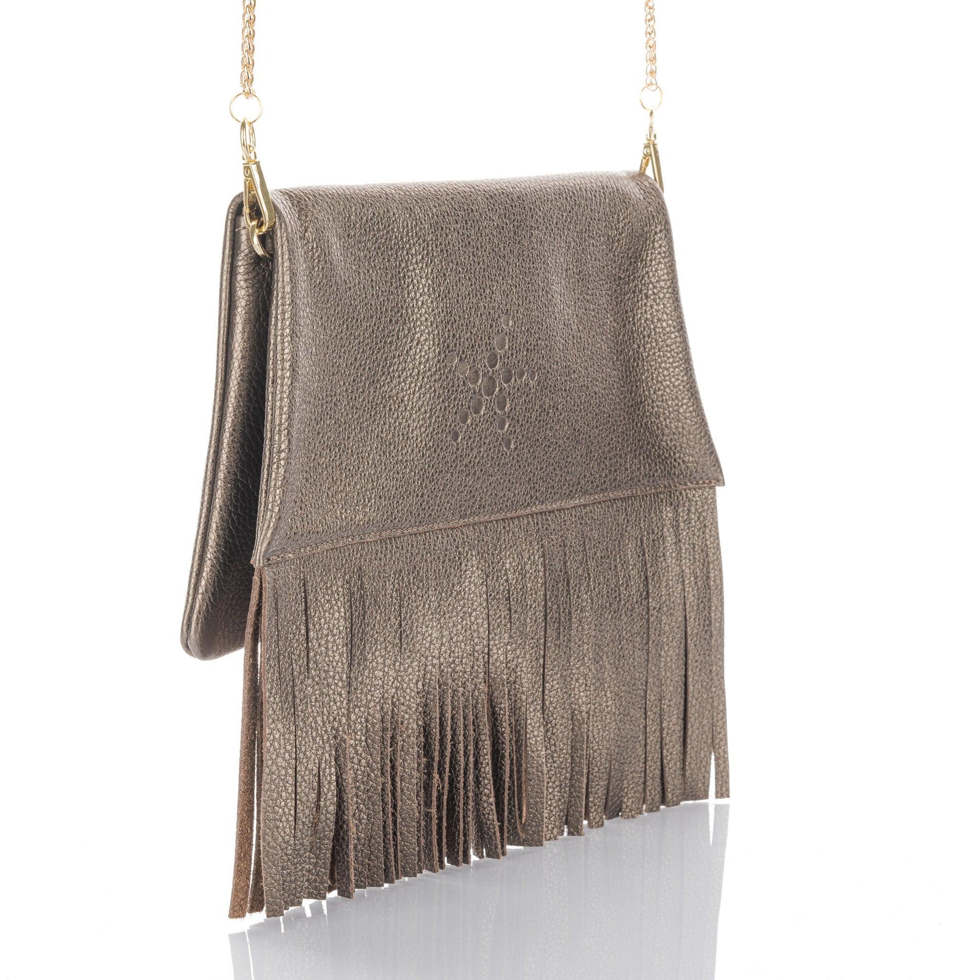 Nicole Fringe Grain Leather Clutch Bag Bronze - Vita Isola