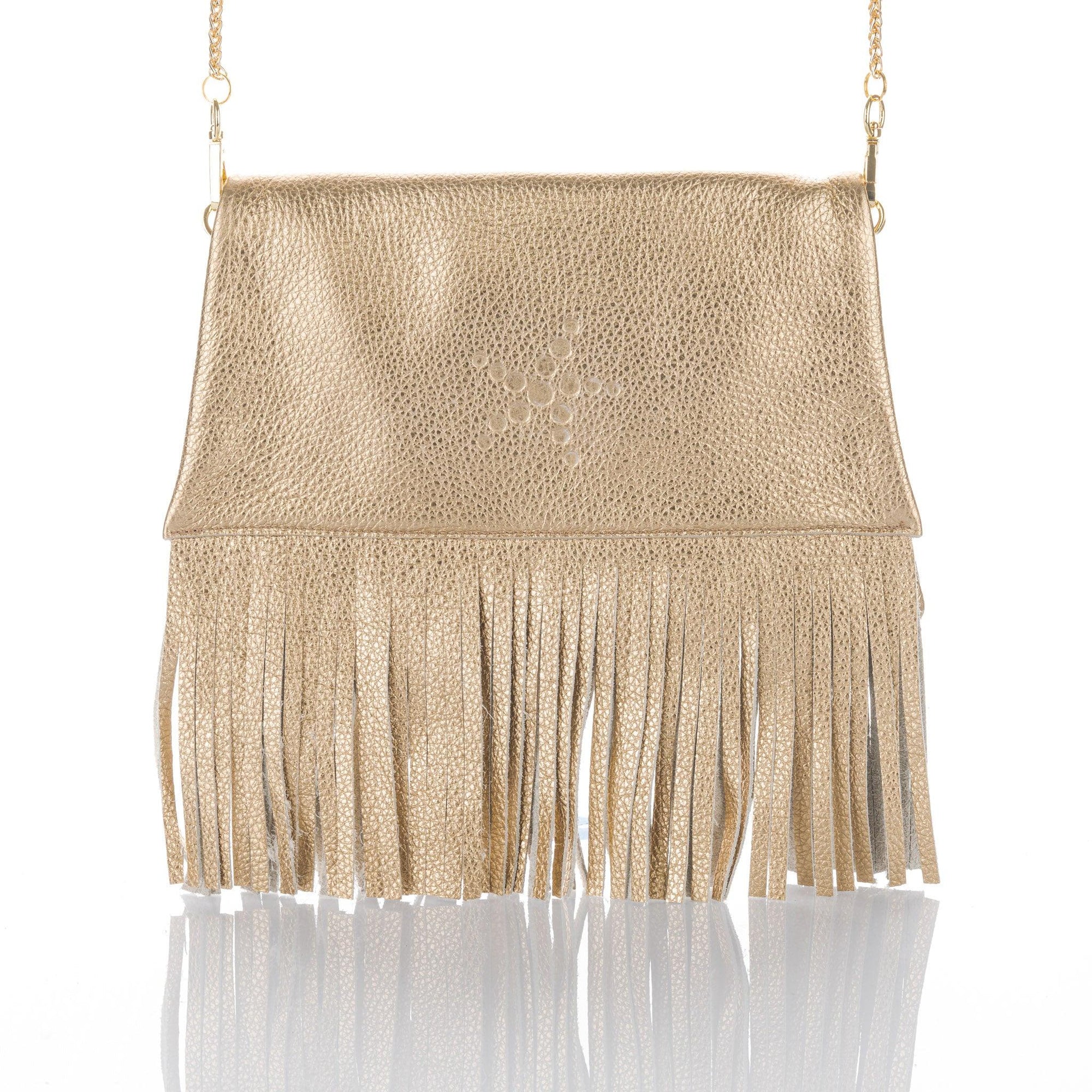 Nicole Fringe Grain Leather Clutch Bag Gold - Vita Isola