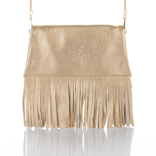Nicole Fringe Grain Leather Clutch Bag Gold - Vita Isola