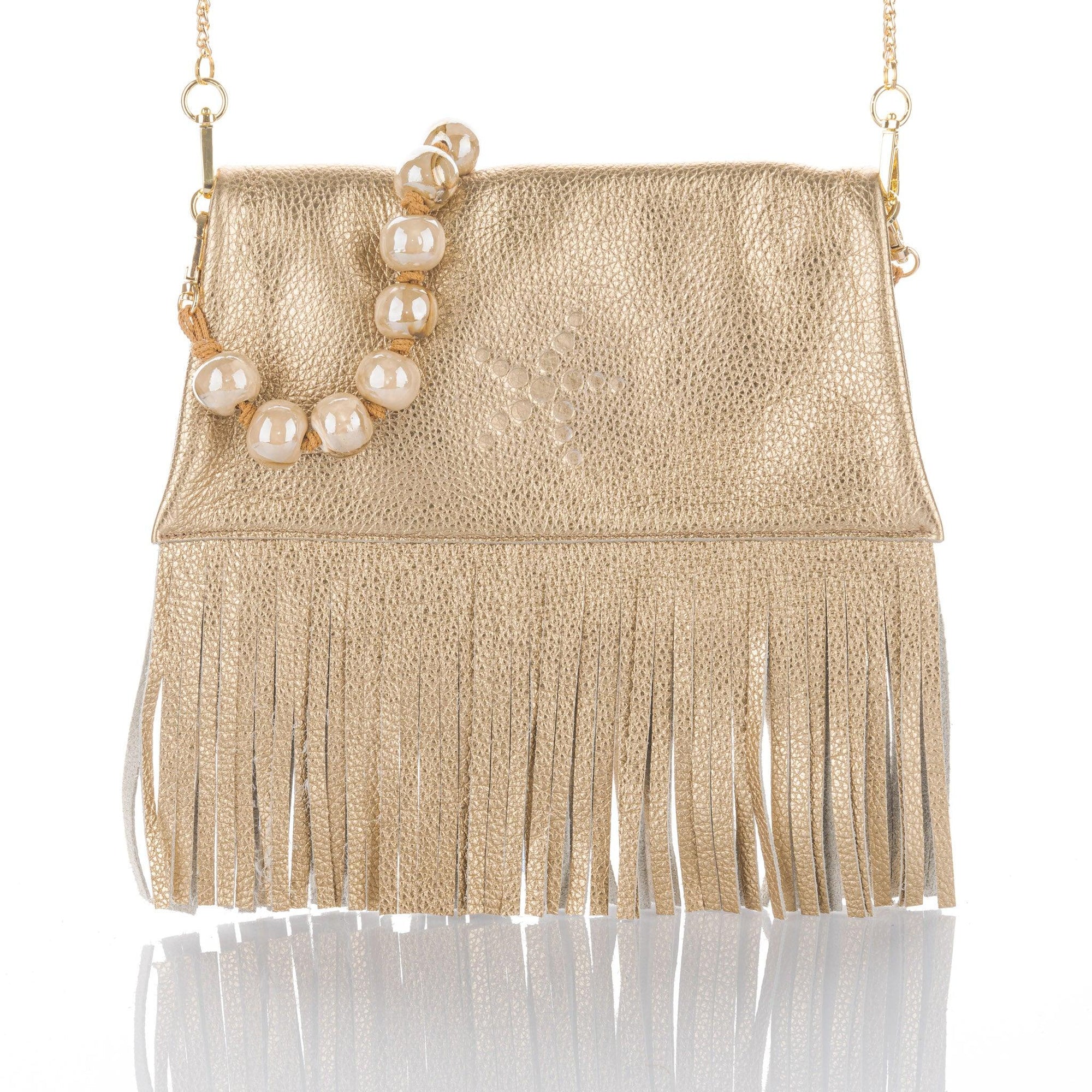 Nicole Fringe Grain Leather Clutch Bag Gold - Vita Isola