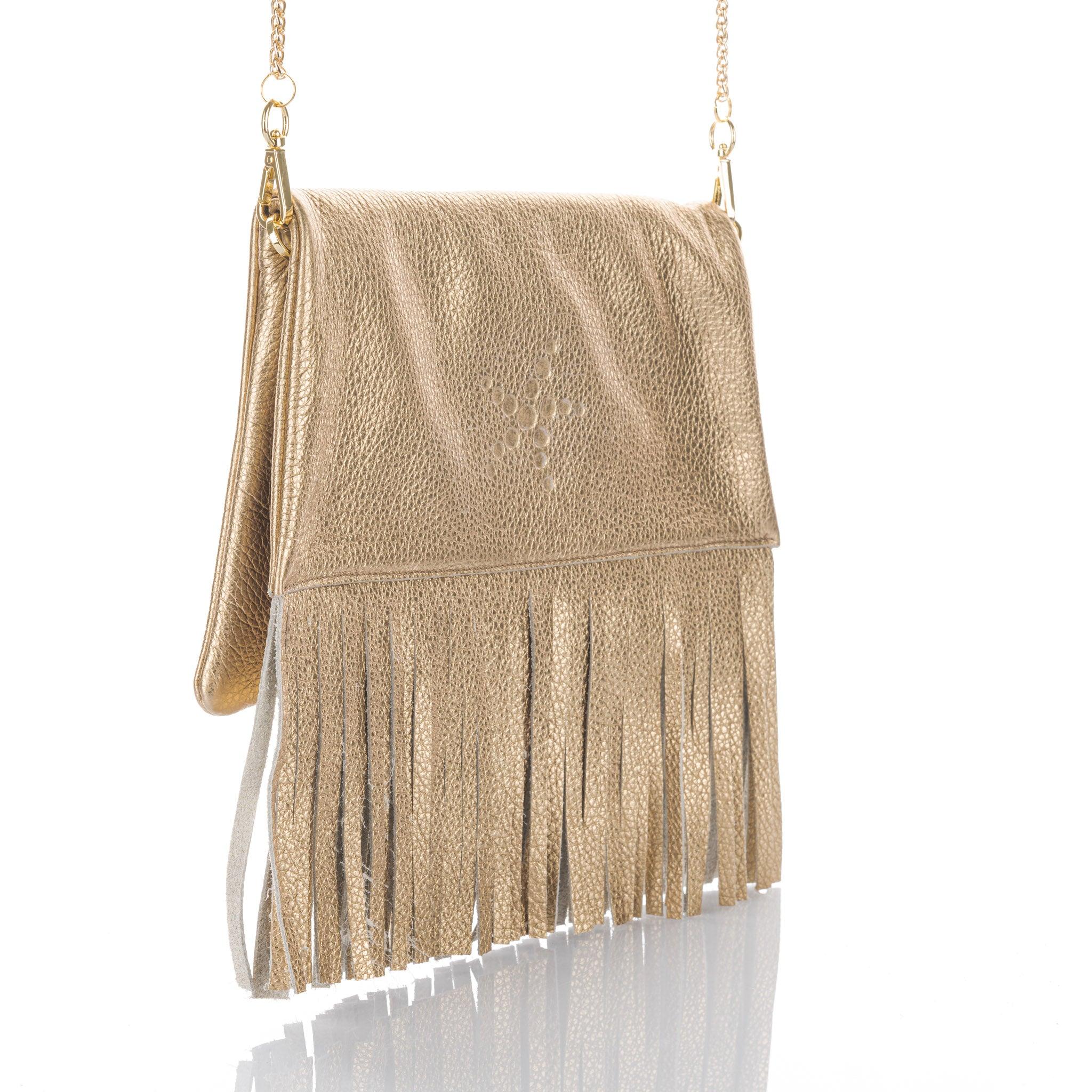 Nicole Fringe Grain Leather Clutch Bag Gold - Vita Isola